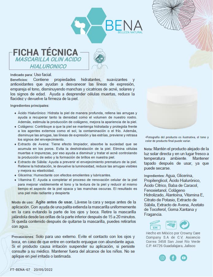 Kit Rostro Perfecto Bena Serum Tonico y Mascarilla de Acido Hialuronico mas Jabon Baba De Caracol