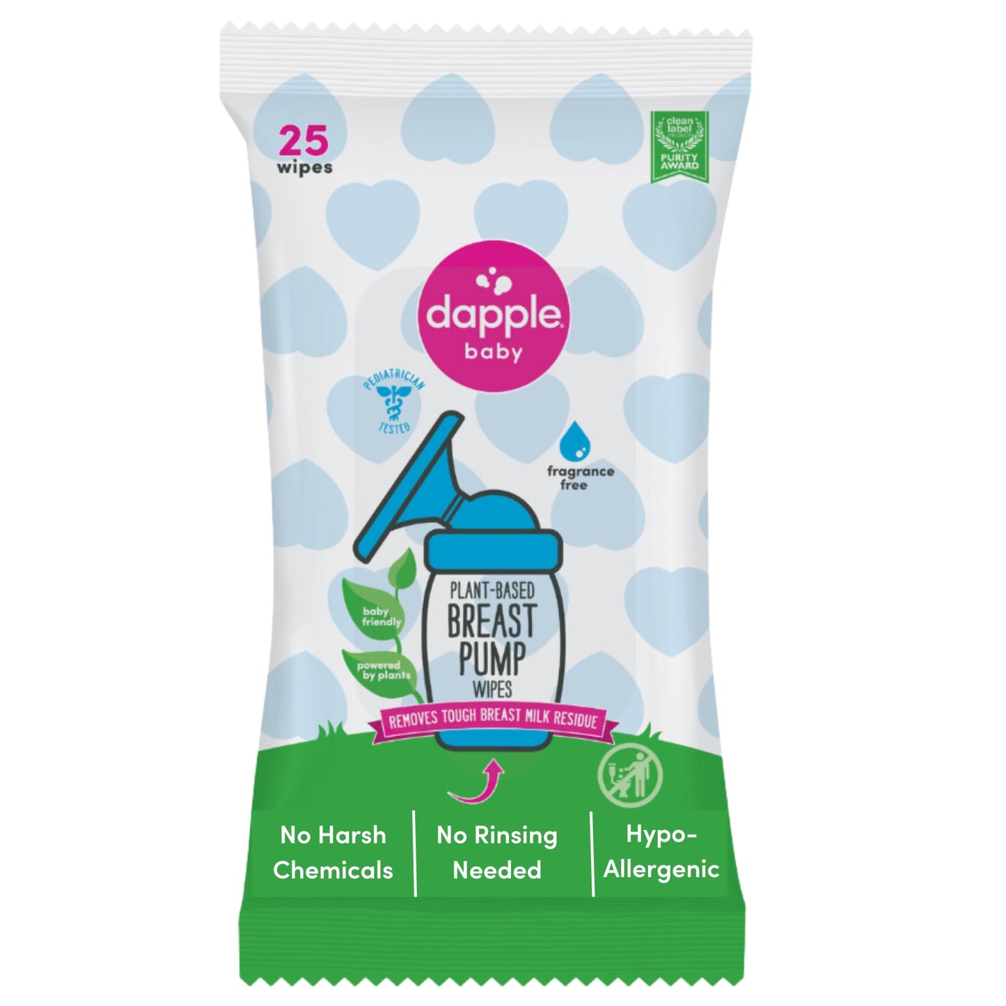 Dapple Baby, 25 unidades, sin fragancia, a base de plantas e hipoalergénicas, elimina los residuos de leche, no deja sabor, práctica bolsa para toallitas