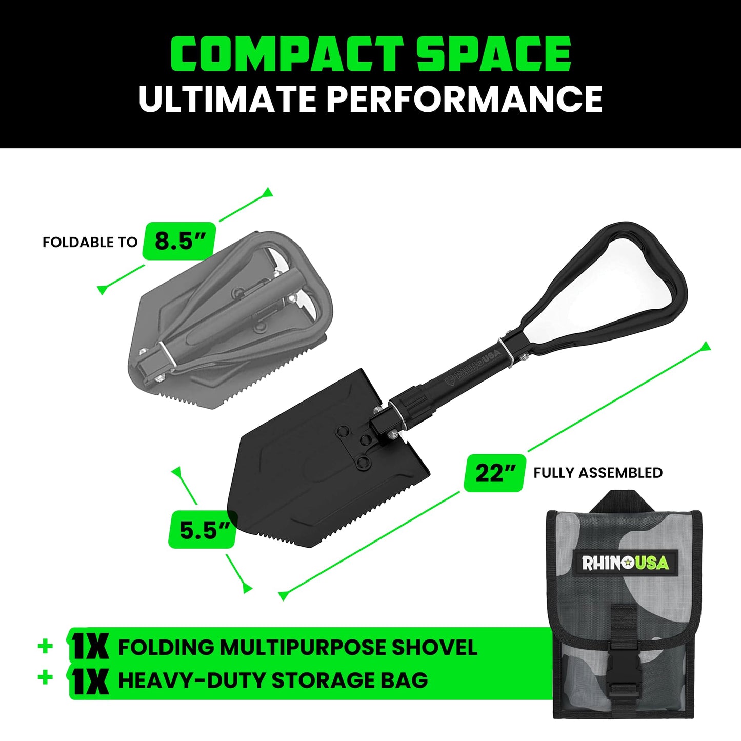 Pala Plegable Rhino USA Verde Militar Multiusos de Acero Carbono para Camping, Jardinería y Supervivencia