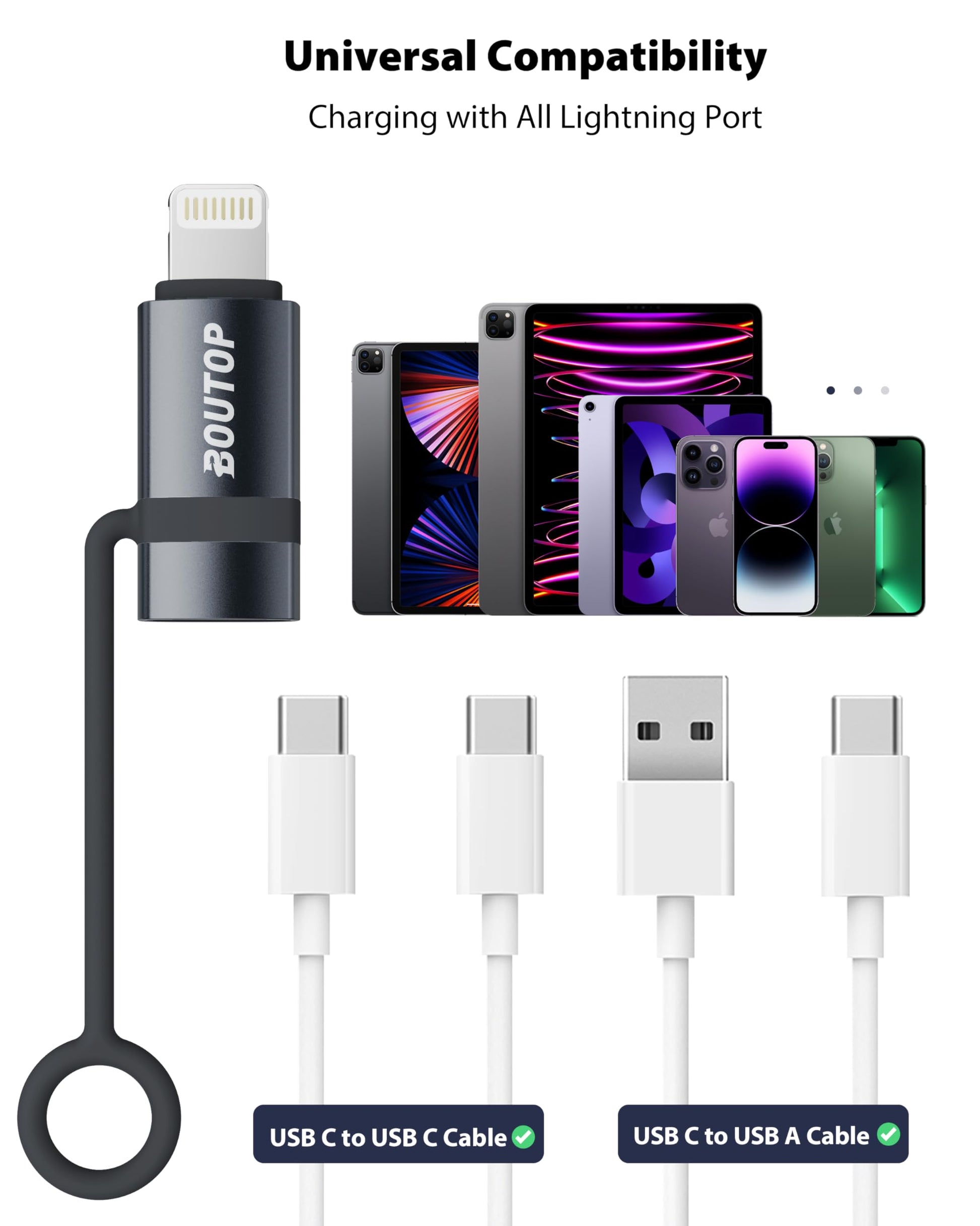 BOUTOP [Certificado MFi] Adaptador USB C a Lightning, tipo C a adaptador Lightning compatible con 36 W PD de carga rápida compatible con iPhone iPad Gris Oscuro, paquete de 3