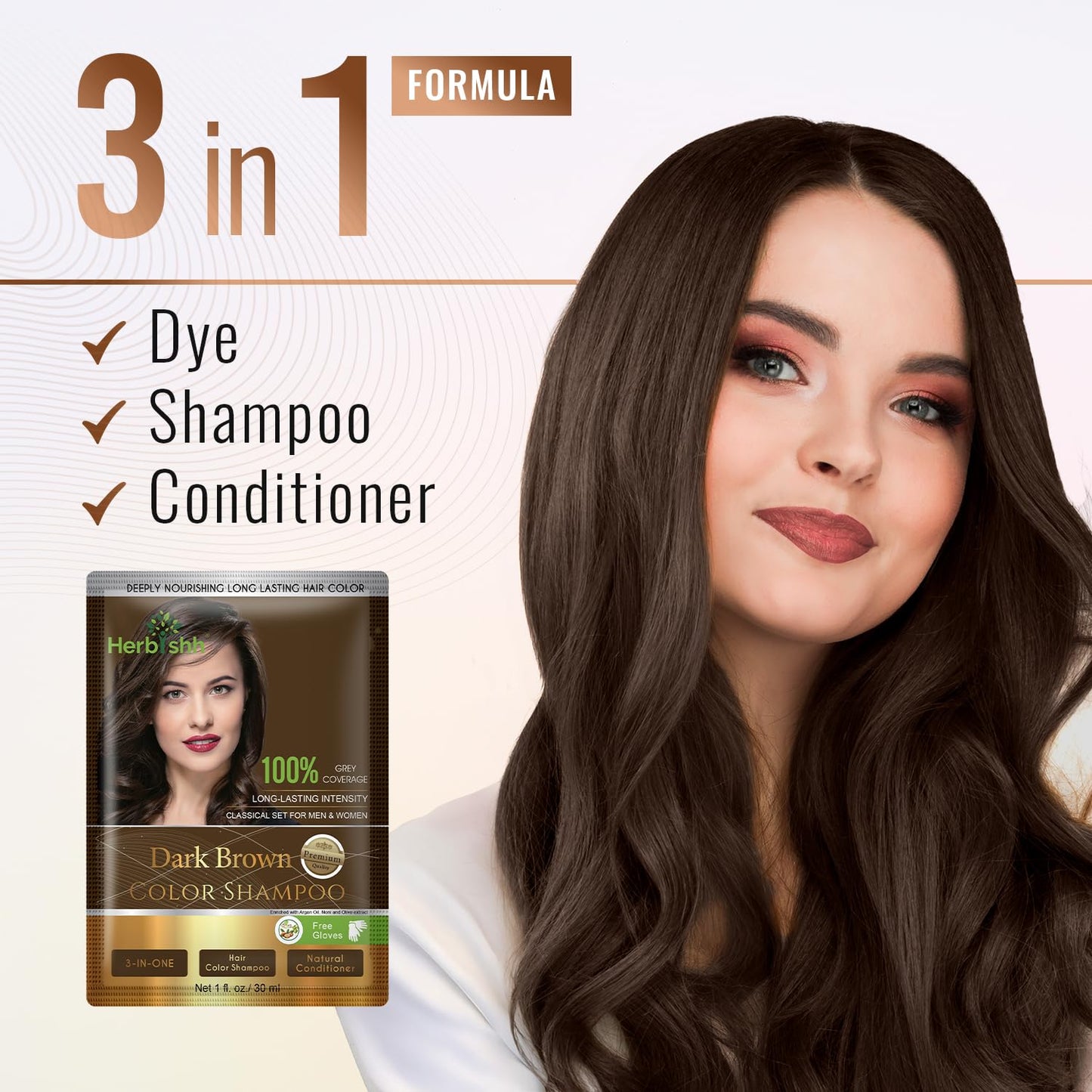 Herbishh Hair Color Shampoo for Gray Hair– Hair Dye Shampoo with Argan Hair Mask–Tamaño de viaje-Tiñe el cabello en minutos–Color de larga duración–10pack+1pack (Dark Brown)