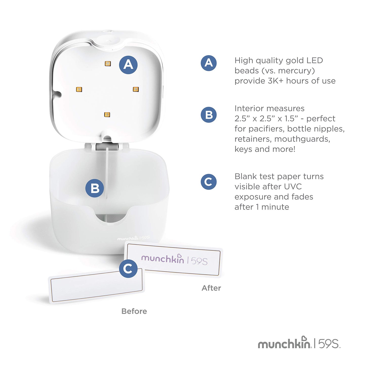 Munchkin® Esterilizador UV portátil Plus con batería recargable, mini desinfectante de luz UV elimina el 99,99% de los gérmenes en 59 segundos
