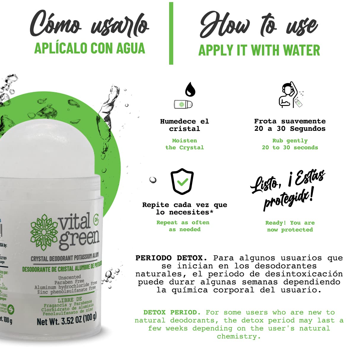Vital Green - Desodorante Natural de Piedra Cristal de Alumbre de Potasio, Sin Parabenos y Sin Alcohol. Elimina El Olor y No Mancha, Presentación 100 g - 3.5 oz (1 Unidad)