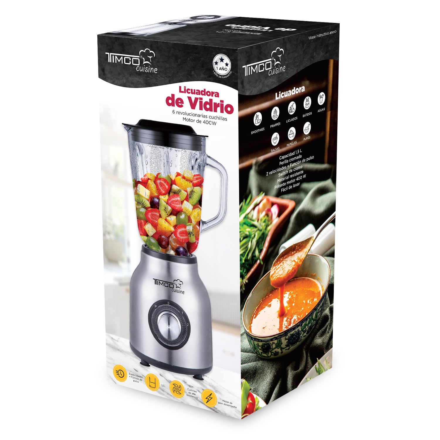 Licuadora Vaso de Vidrio 1.5 litros Inoxidable Timco LICX921