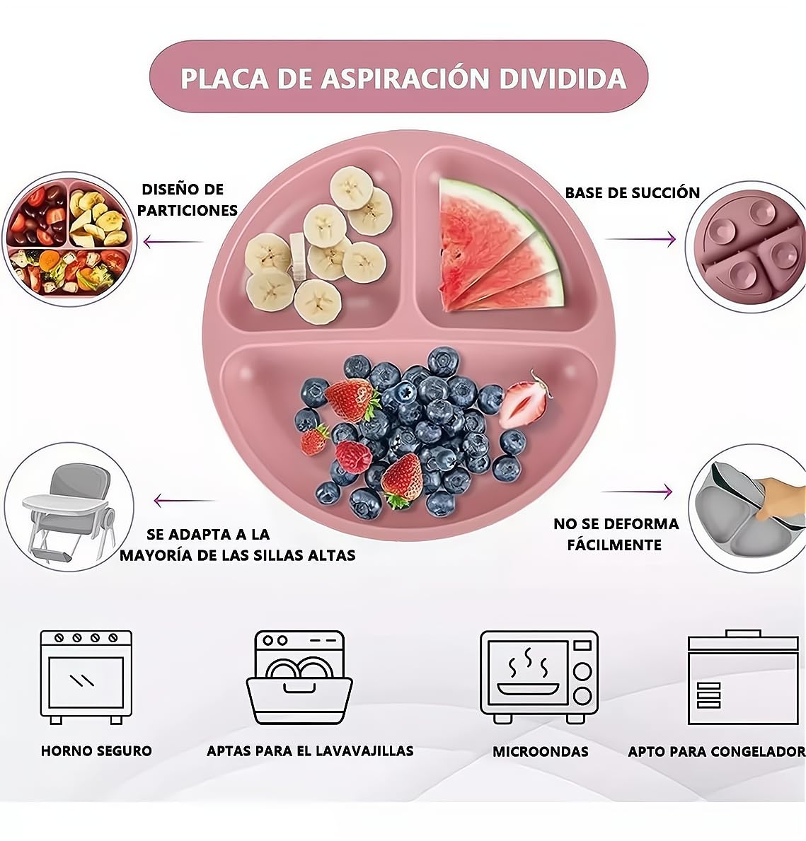 Set de Platos y Cubiertos Babe Rosa con Ventosas para Bebé