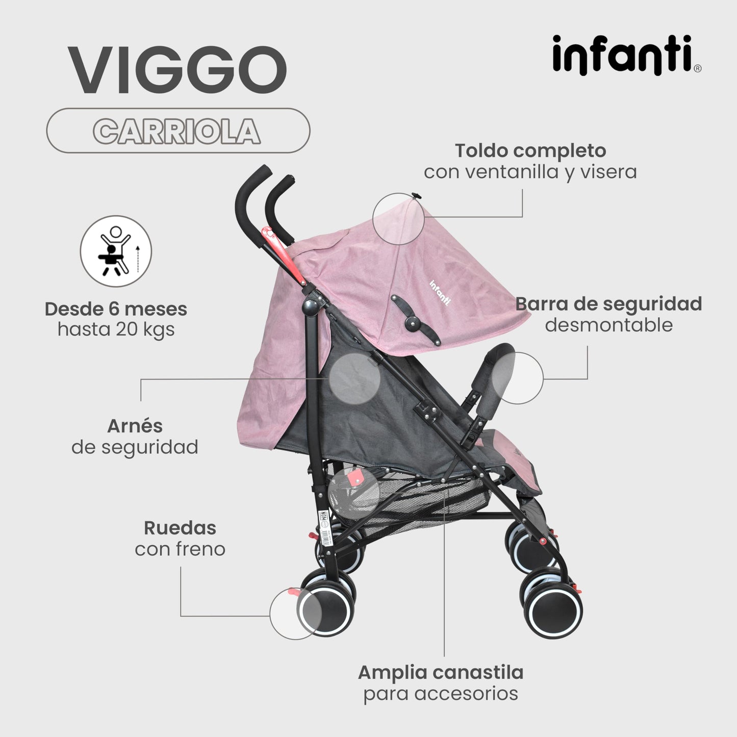 INFANTI | Carriola para Bebe VIGGO - Rosa | Carriola de Viaje - Carrito para Bebe | Cosas para Bebes 6 Meses hasta 20 kg - Compacta y Plegable | Carriola con Toldo extensible y Arnés de Seguridad