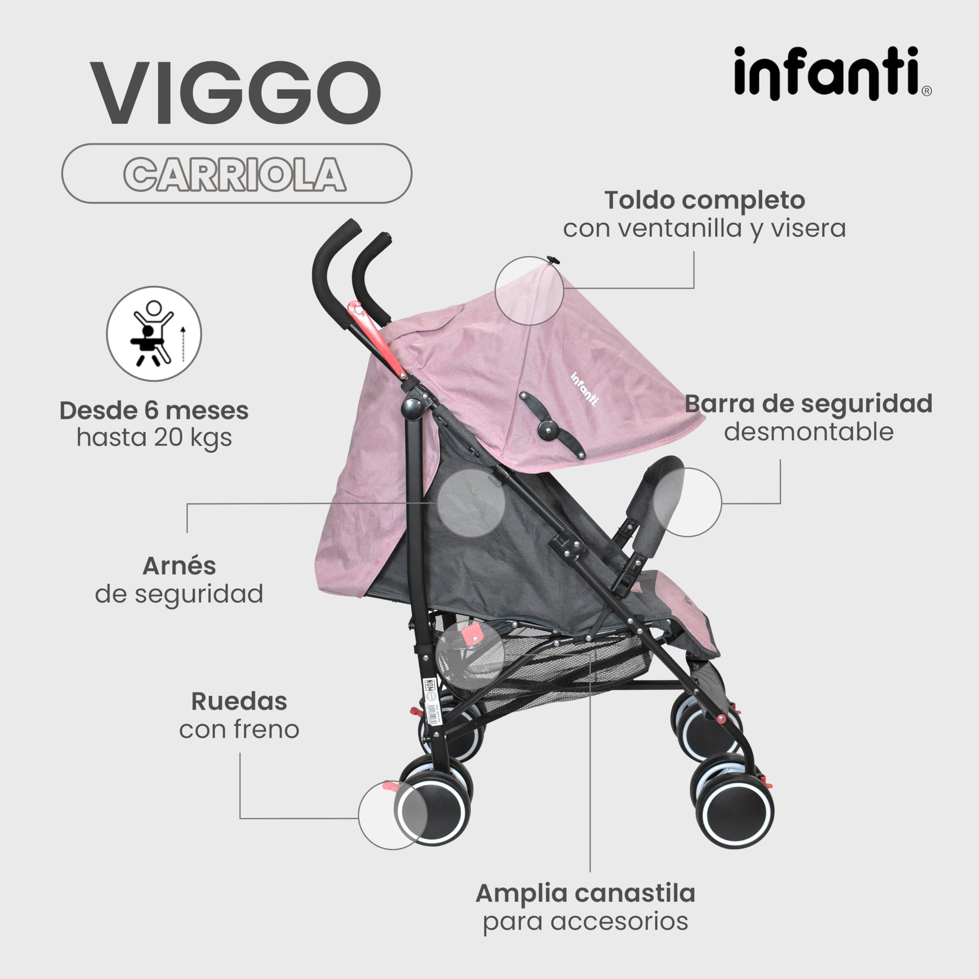 INFANTI | Carriola para Bebe VIGGO - Rosa | Carriola de Viaje - Carrito para Bebe | Cosas para Bebes 6 Meses hasta 20 kg - Compacta y Plegable | Carriola con Toldo extensible y Arnés de Seguridad