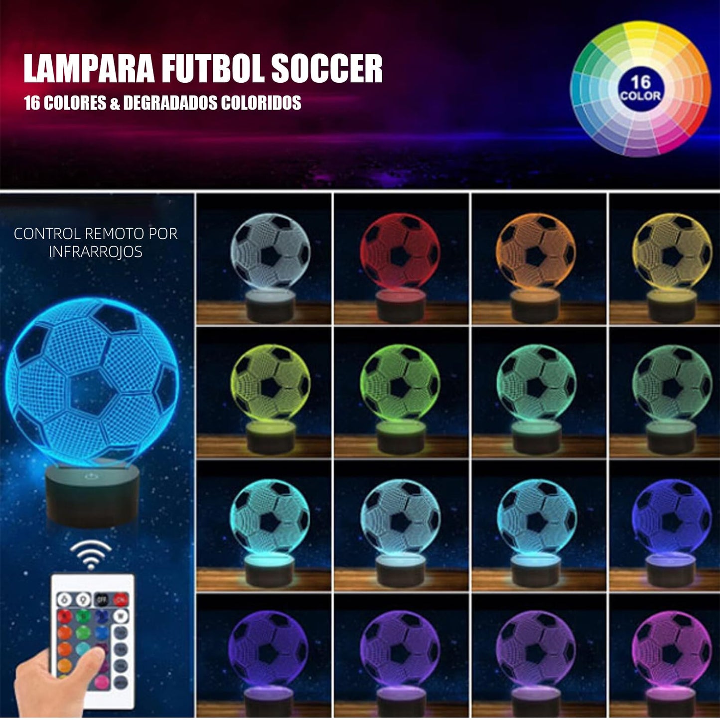 Lampara para Futbol Niños, Lámpara de Colores 3D, Lampara para Niños Habitacion, 16 Colores con Control Remoto,Regalos para Niños y Niñas(Estilo Dos(16 Colores))