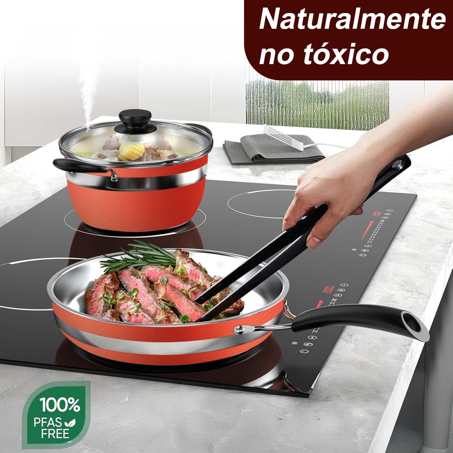 Batería de Cocina NOVRY rojo Antiadherente de Acero Inoxidable para Estufas de Inducción, Eléctricas y Gas 14 Piezas con Cuchillos