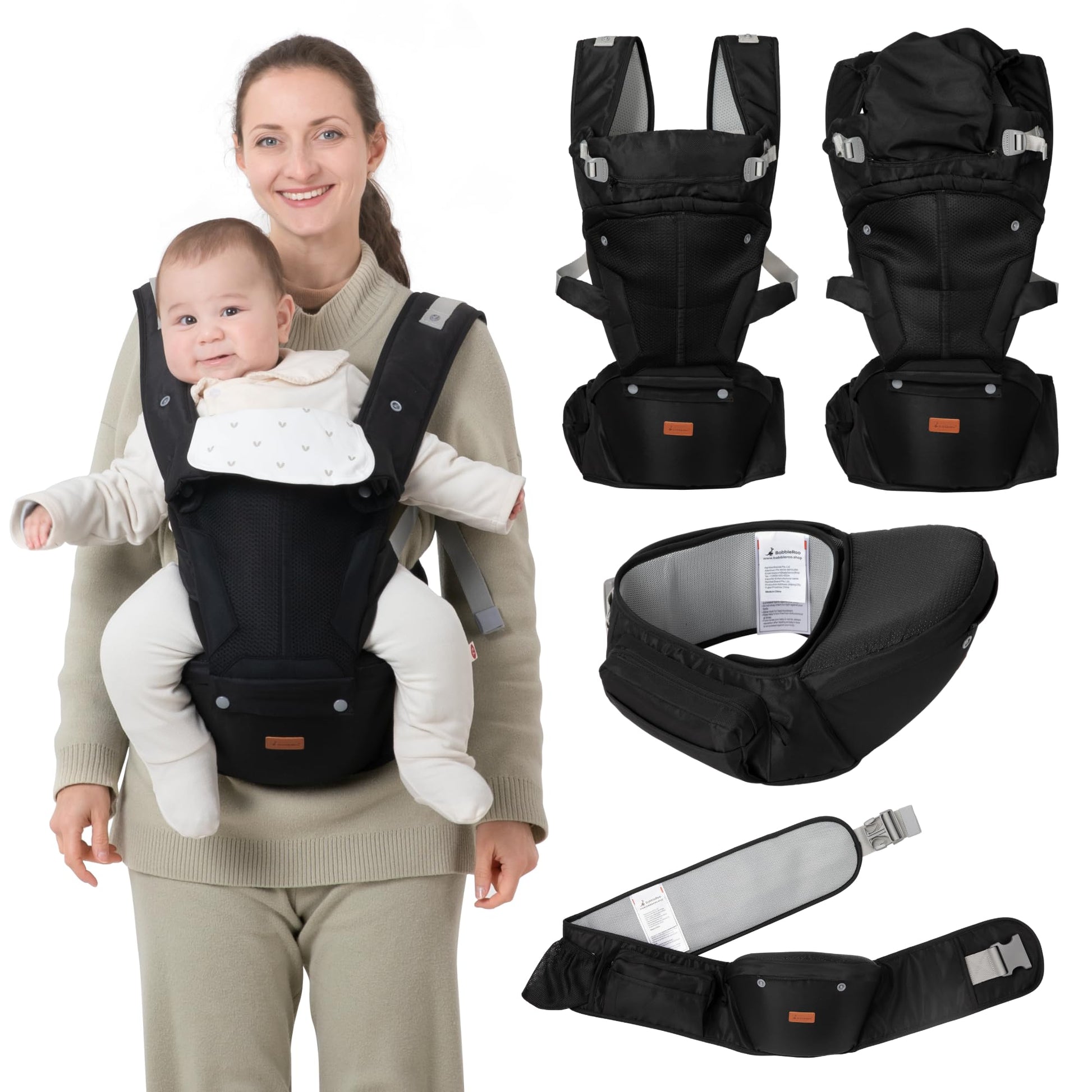 BabbleRoo - Portabebés 6 en 1 con asiento de cadera, ergonómico, acogedor y ajustable, 7-50 libras con soporte para cadera y lumbar, capucha para protección solar, portabebés recién nacido a niño
