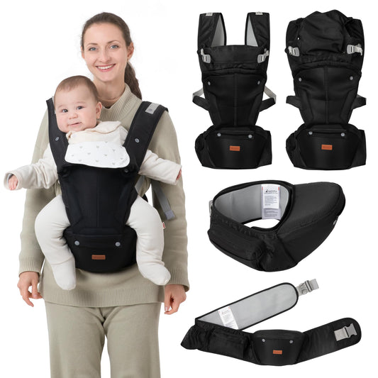 BabbleRoo - Portabebés 6 en 1 con asiento de cadera, ergonómico, acogedor y ajustable, 7-50 libras con soporte para cadera y lumbar, capucha para protección solar, portabebés recién nacido a niño