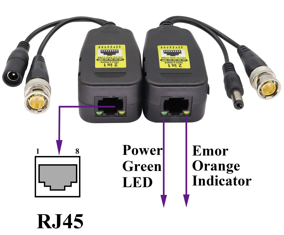 Transceptor de Red AAOTOKK Power Video Balun Negro con Conector DC para Sistemas de Cámara CCTV HD-CVI/TVI/AHD/CVBS
