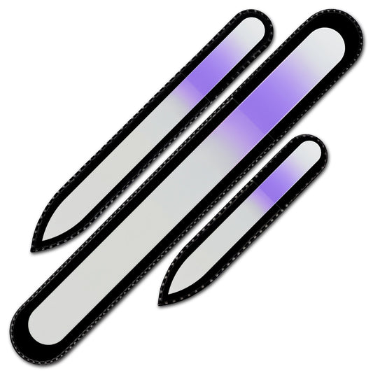 Juego de 3 limas de uñas de vidrio en bolsa de terciopelo, colores arcoíris, auténtico vidrio templado checo, garantía de por vida, hecho a mano en la República Checa, Lila Blanco