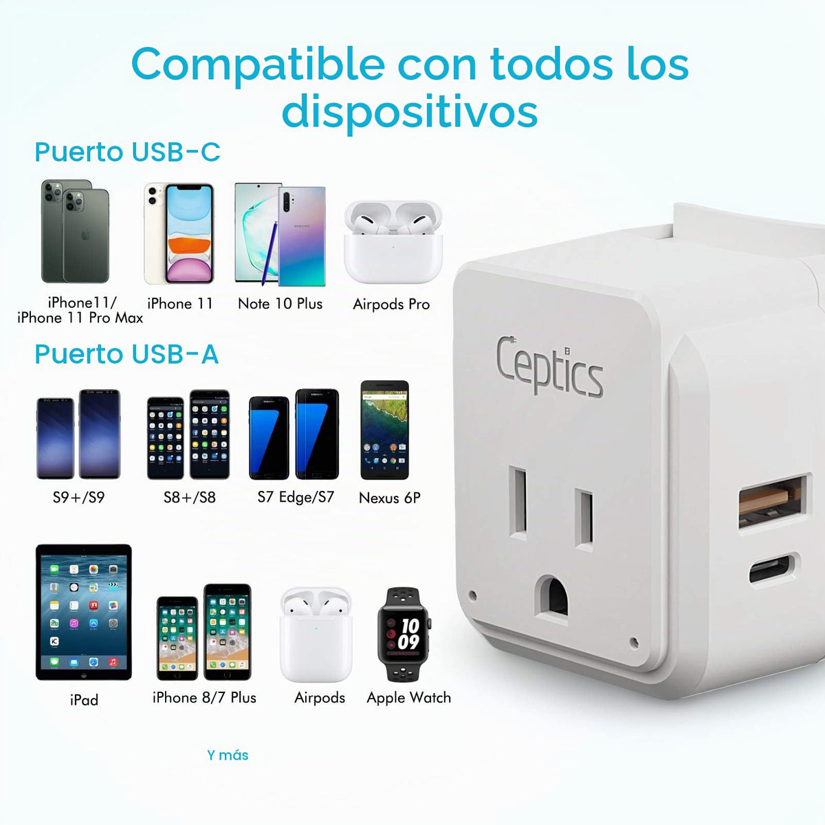 Juego de Adaptador de Enchufe Internacional Ceptics Blanco USB Dual Seguro y USB-C Compacto para Viajes por Europa, Asia, África y en Todo el Mundo