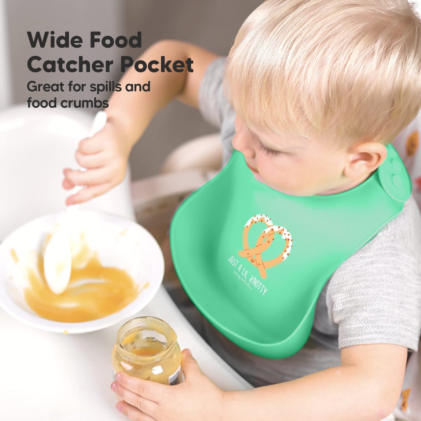 Silicone Baby Bibs - Waterproof, Easy Wipe Silicone Bib for Babies, Toddlers - Baby Feeding Bibs with Large Food Catcher Pocket - Travel Bibs Set for Boys, Girls - Food Grade BPA Free (Pretzel)