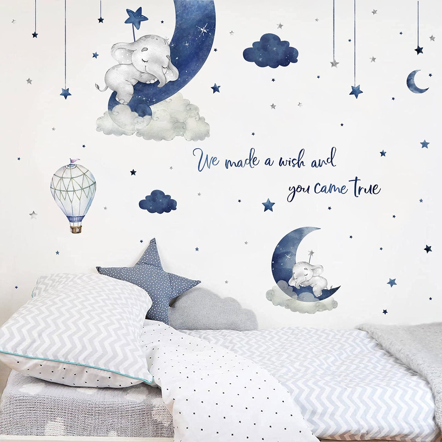 Yovkky - Calcomanías de pared de elefante para dormir, diseño de flores de acuarela azul y gris, diseño de globos de aire caliente, decoración de cuarto de bebé, decoración del hogar, decoración de