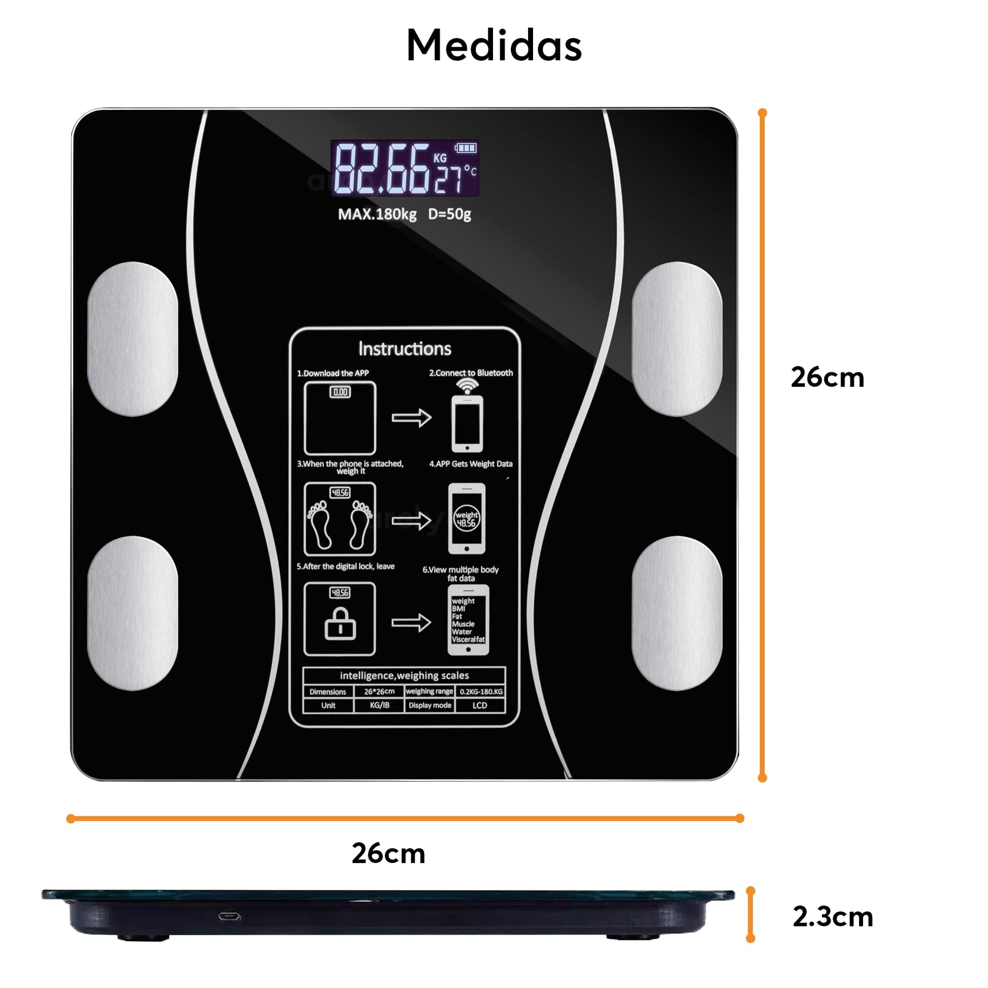 Báscula Digital Archy Inteligente Negra con Analizador de Composición Corporal y App Bluetooth Compatible Android y iOS