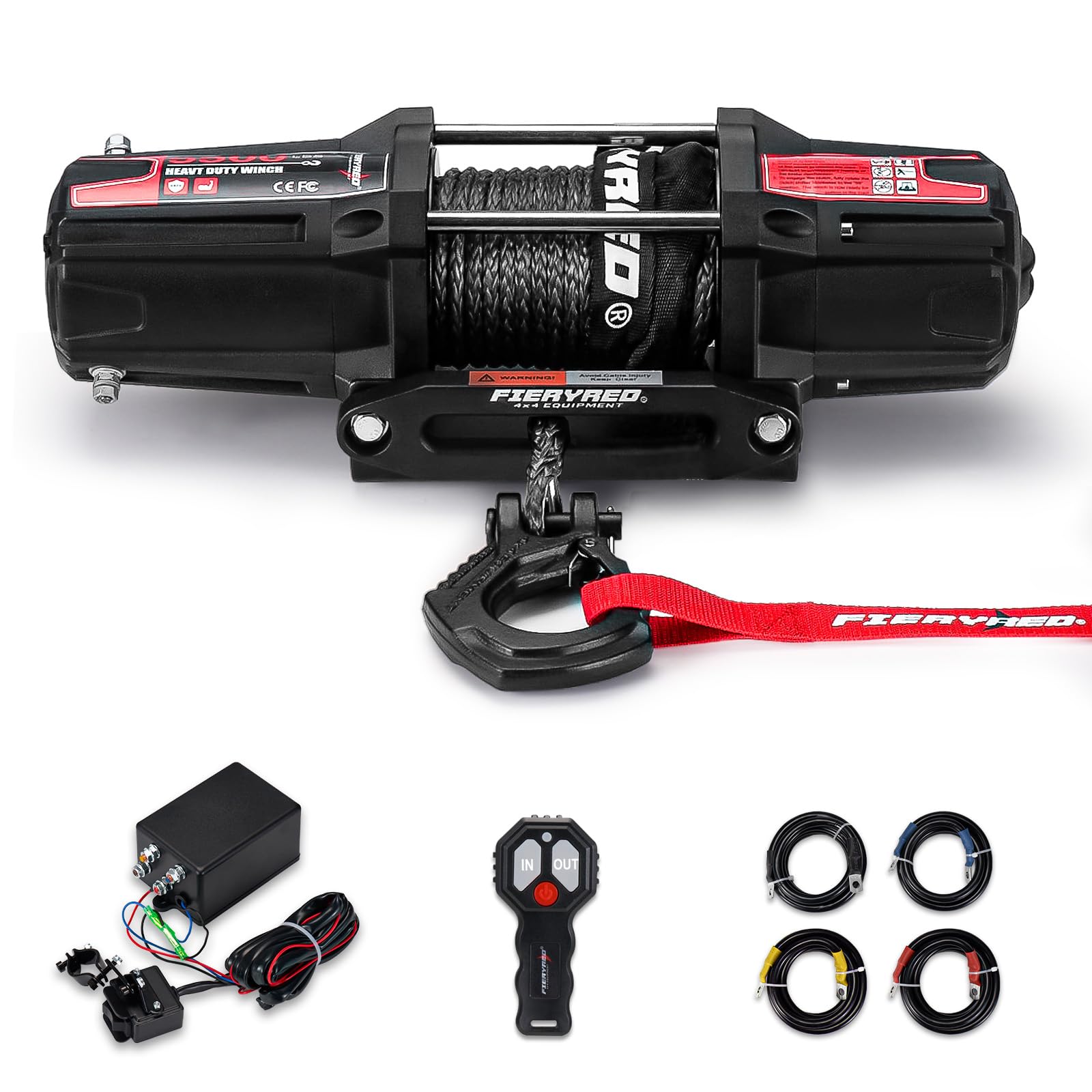 FieryRed - Cabrestante eléctrico para ATV/UTV, 12 V, 5500 libras, con cuerda sintética, con control remoto inalámbrico, Hawse de aluminio y soporte de montaje, impermeable IP67