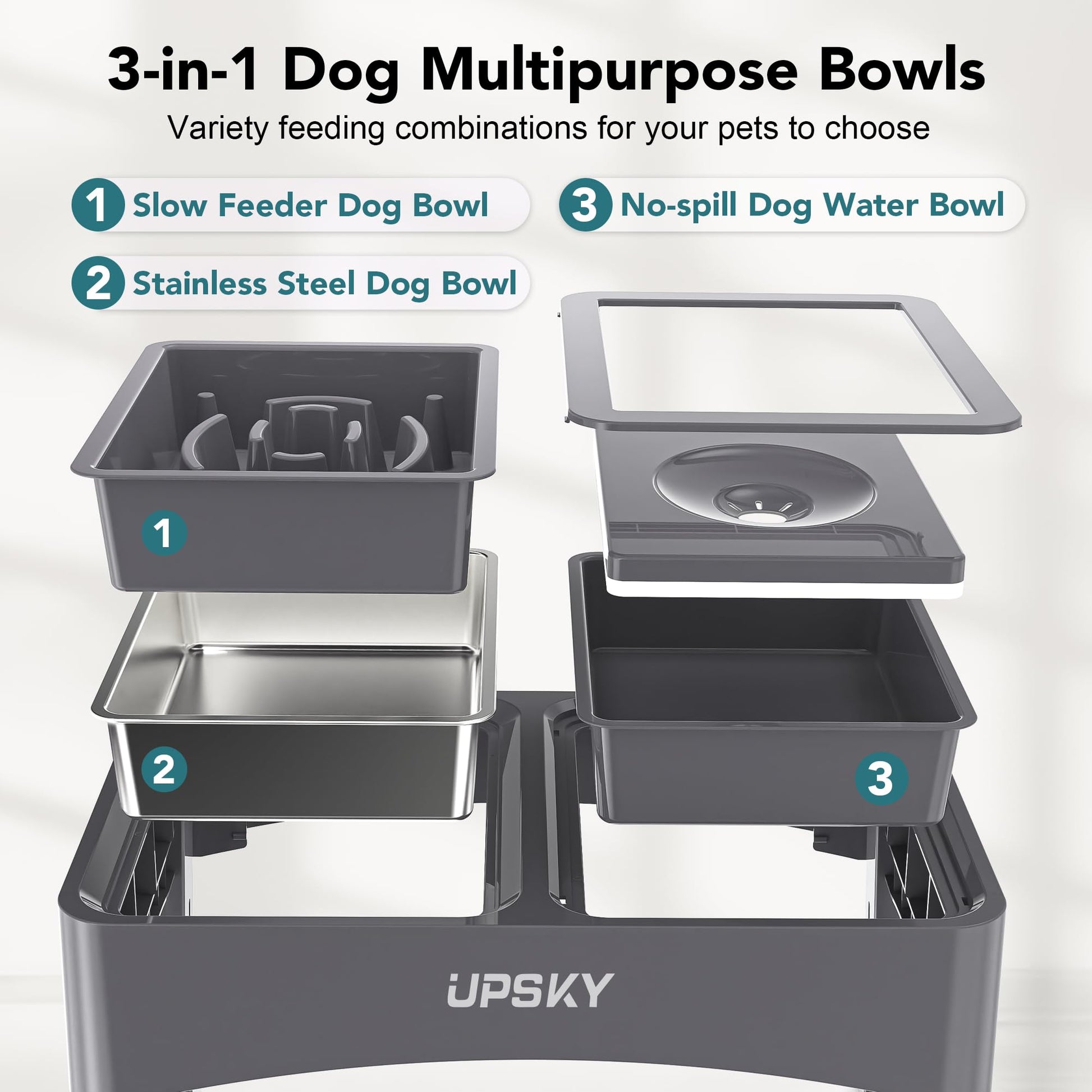 Cuencos Elevados UPSKY 4 Alturas Ajustables comedero Lento y dispensador de Agua Acero Inoxidable para Perros