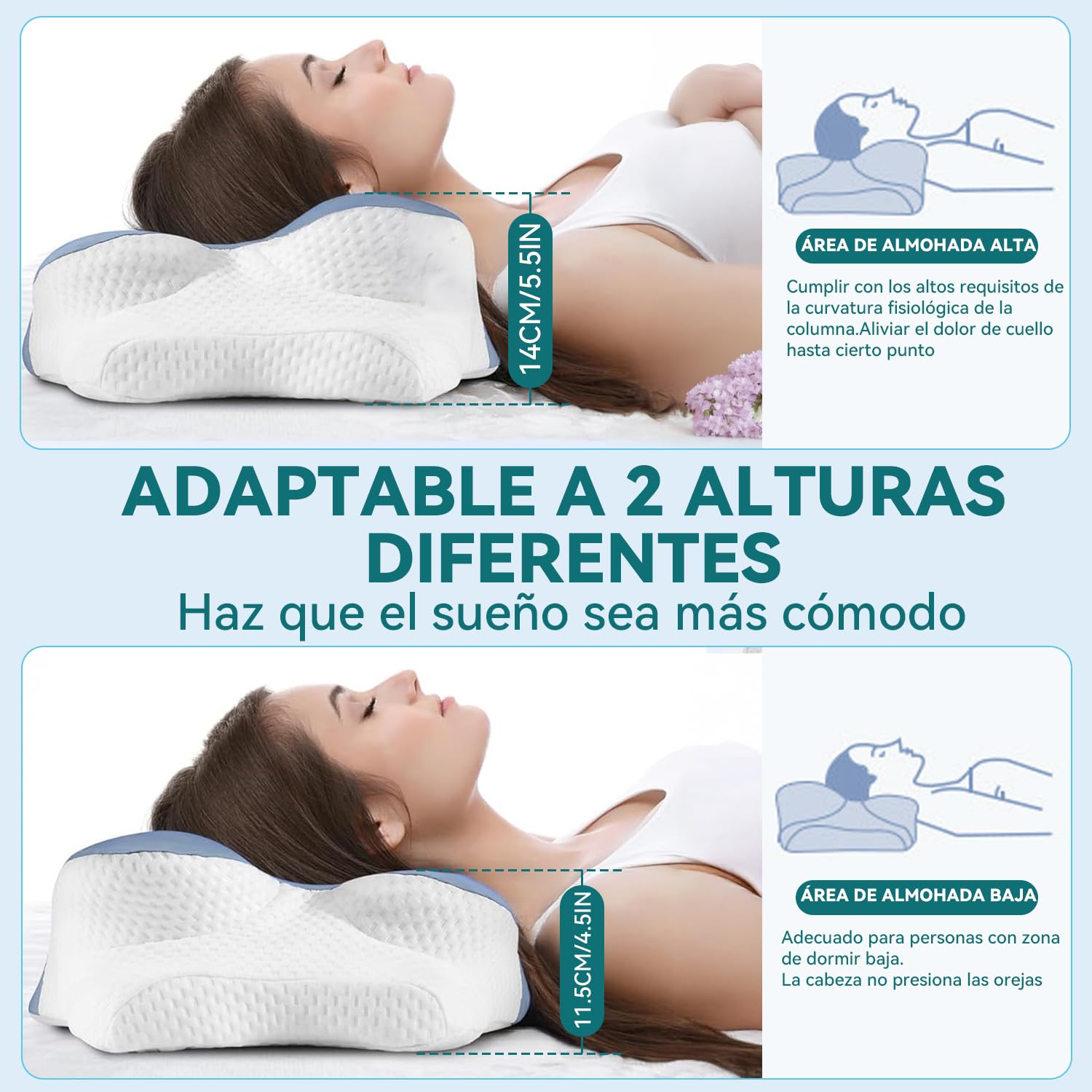 LINGLUCKY Almohada Memory Foam 2en1, Almohada Cervical Ortopédica Ergonómica para Aliviar el Dolor de Cuello,Soporte Ortopédico Contorneado para Personas Que Duermen de Lado,Boca Abajo y Boca Arriba