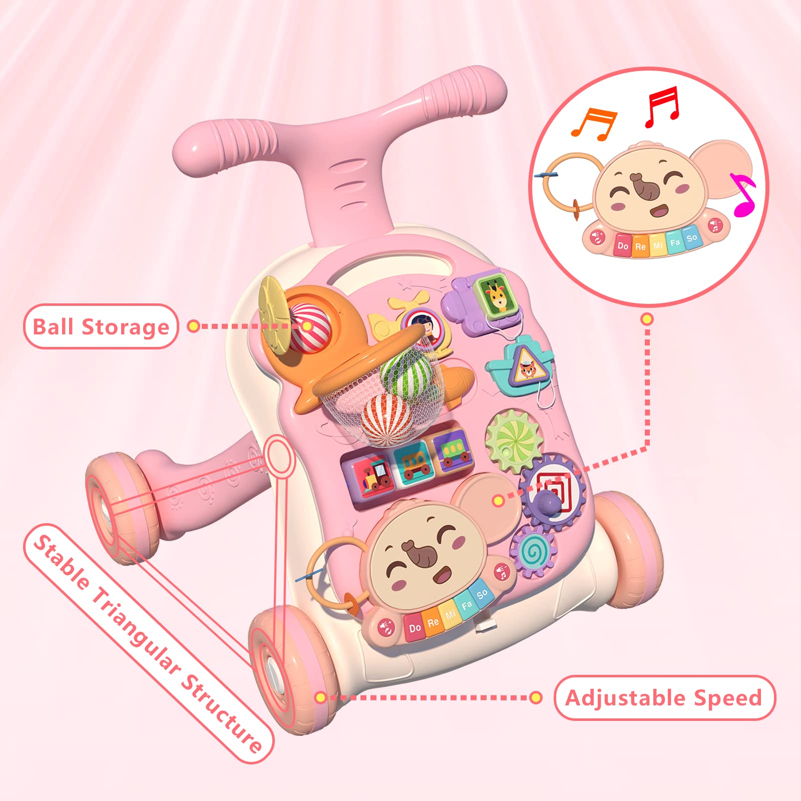 QDRAGON 3 en 1 Baby Walker y centro de actividades para niña, aprendiendo a caminar, sentarse para estar de pie, juguetes educativos tempranos con panel de música para bebés más de 12 meses, color
