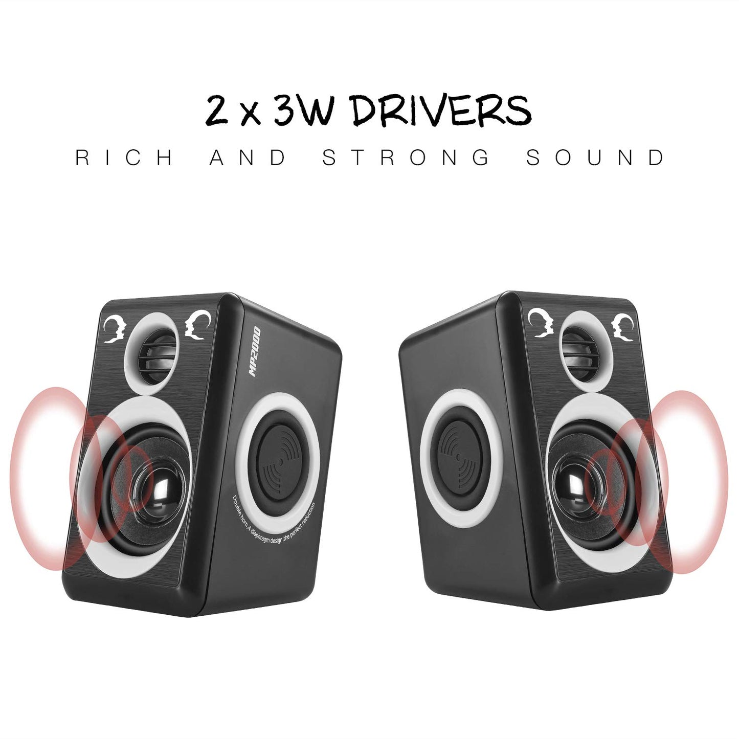 RECCAZR - Altavoces de computadora con sonido envolvente de 2 canales USB con cable para computadora de computadora/TV/PC/portátiles/teléfono inteligente, diafragma integrado de cuatro altavoces