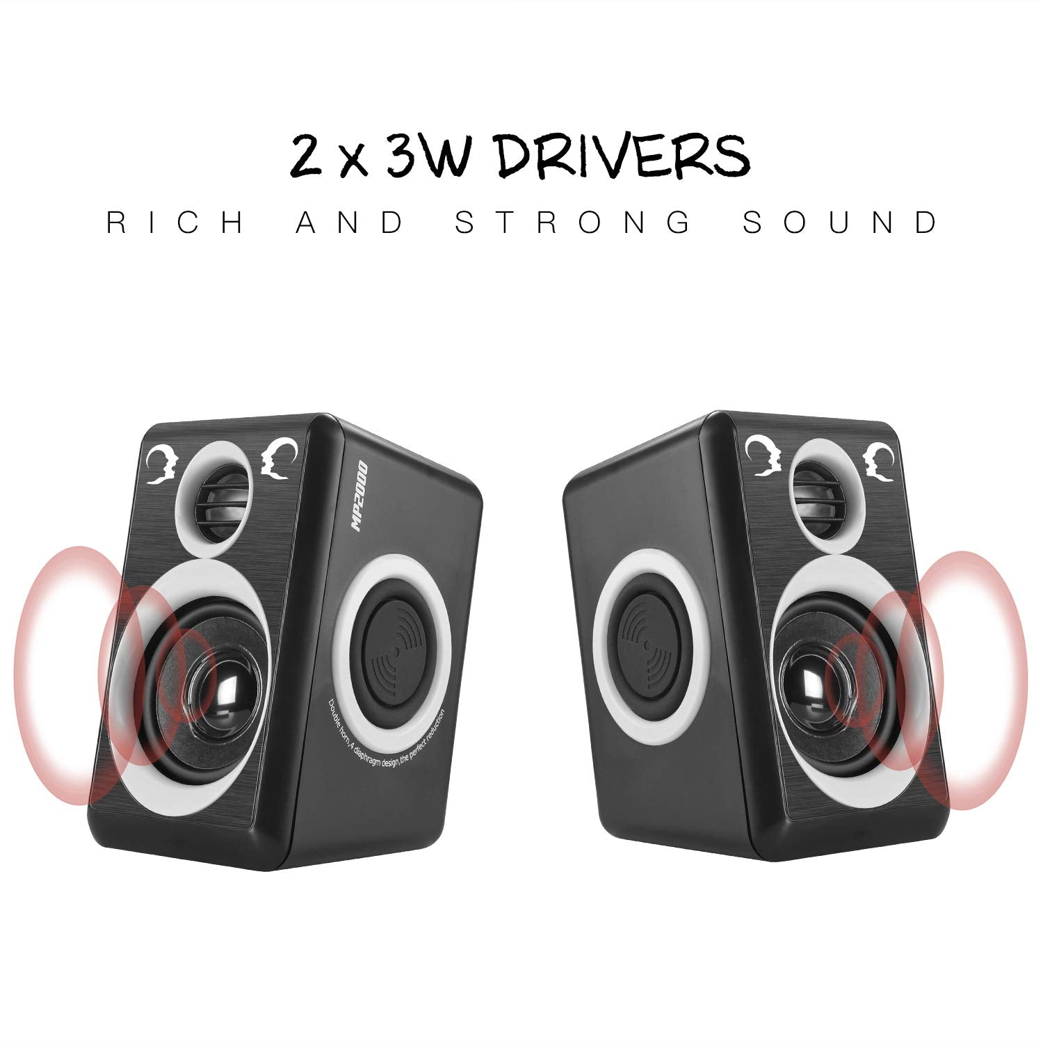 RECCAZR - Altavoces de computadora con sonido envolvente de 2 canales USB con cable para computadora de computadora/TV/PC/portátiles/teléfono inteligente, diafragma integrado de cuatro altavoces