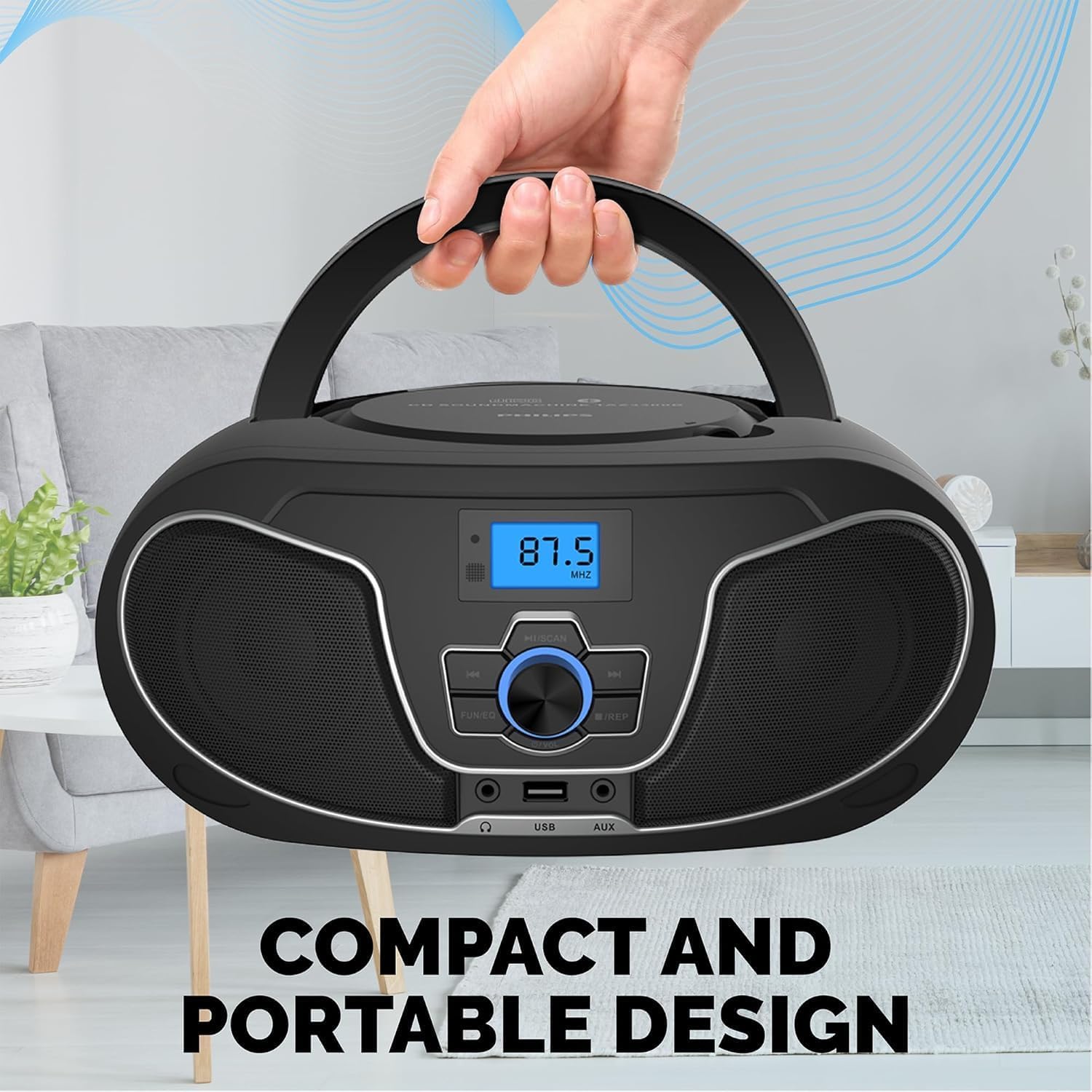 Philips Reproductor de CD Boombox, refuerzo de graves dinámico con Bluetooth, radio FM, reproducción USB y entrada AUX, Boombox portátil de carga superior, sonido estéreo claro, compatible con RW/MP3