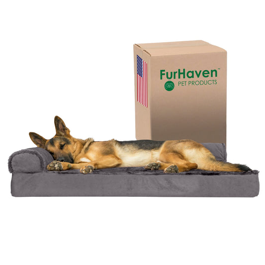 Furhaven - Cama ortopédica XL para perros de felpa y terciopelo en forma de L con funda extraíble y lavable, gris platino, jumbo (XL)