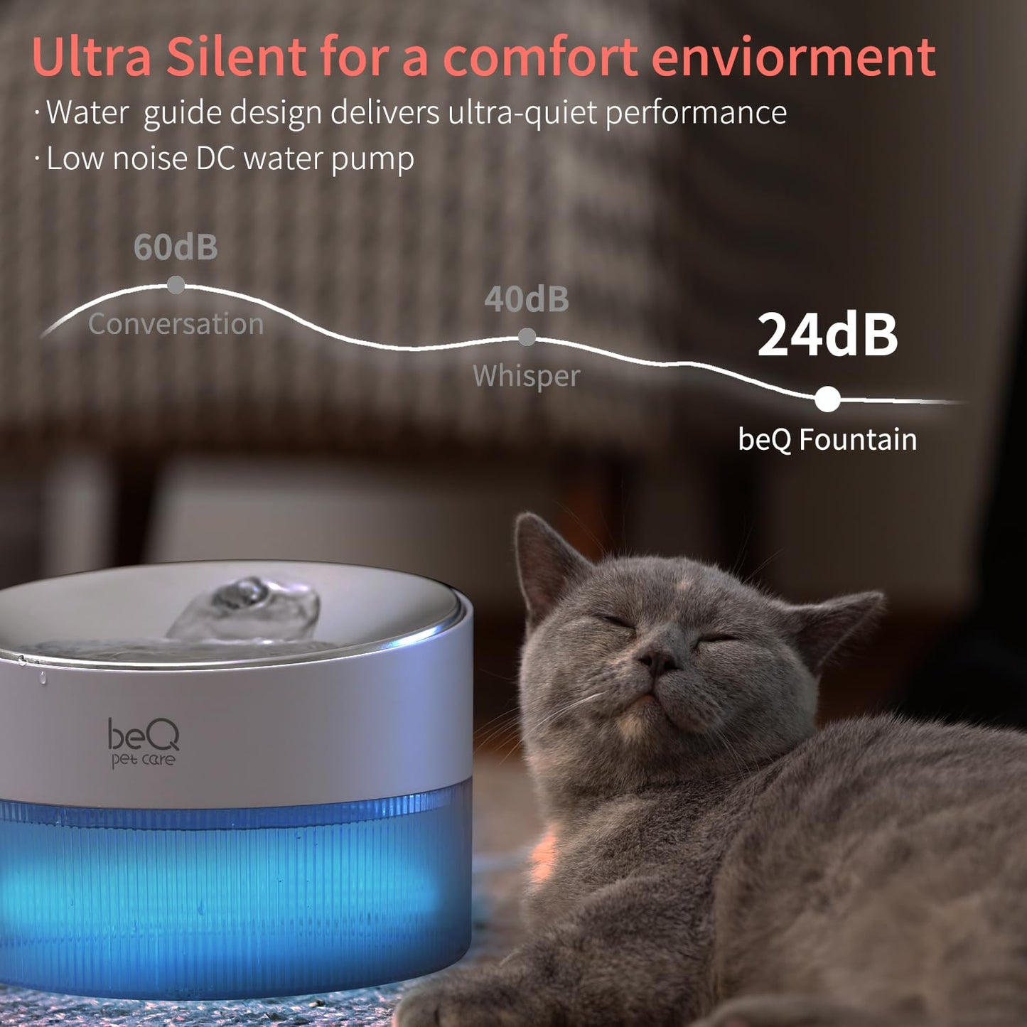BEQ Fuente de agua automática para gatos, 2.5 l/84 onzas, dispensador de agua para mascotas, de acero inoxidable ultra silencioso, sin BPA, nivel de agua visible, con un filtro de gran tamaño, adecuado para gatos, perros pequeños y otras mascotas