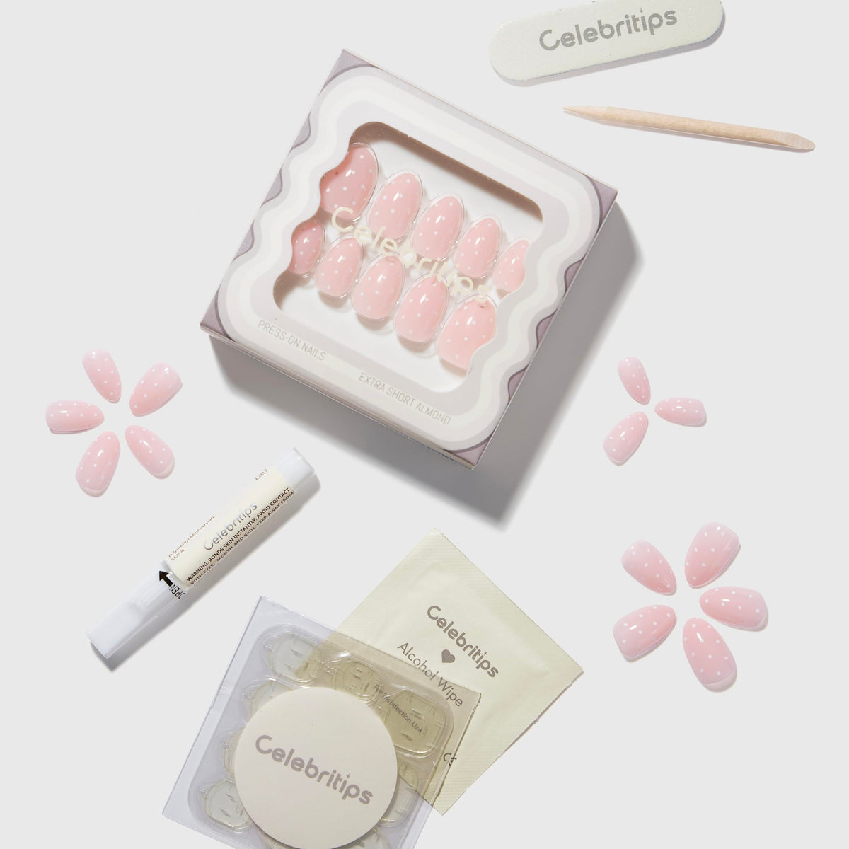 Celebritips Uñas postizas | Lunares rosa bebé, uñas almendradas extracortas, reutilizables, uñas de otoño con calidad de salón | 16 tamaños - Kit de 32 uñas con pegamento de fijación extrafuerte y pes