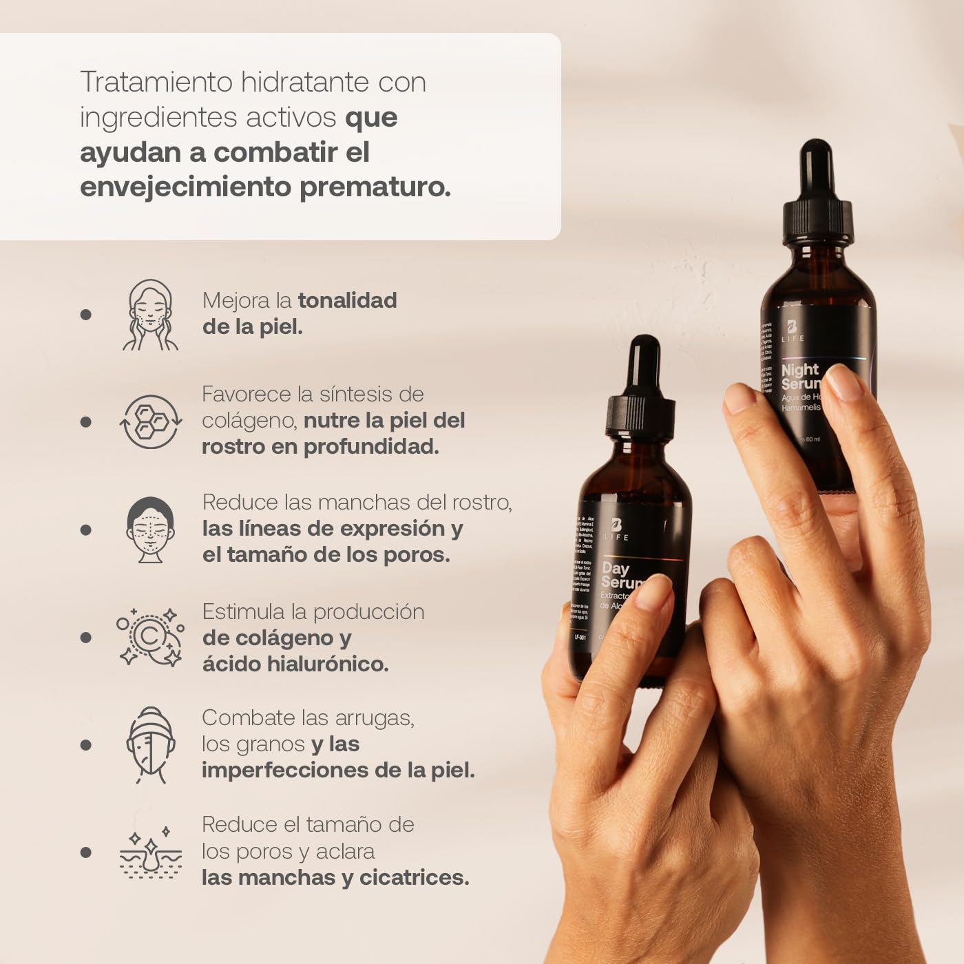 Kit de Sérum de Día y Noche para Rostro de 60 ml C/U con 96% de Ingredientes Naturales. Adicionado con Vitamina C y Ácido Hialurónico. Skincare Antiarrugas. Kit Serum B Life.