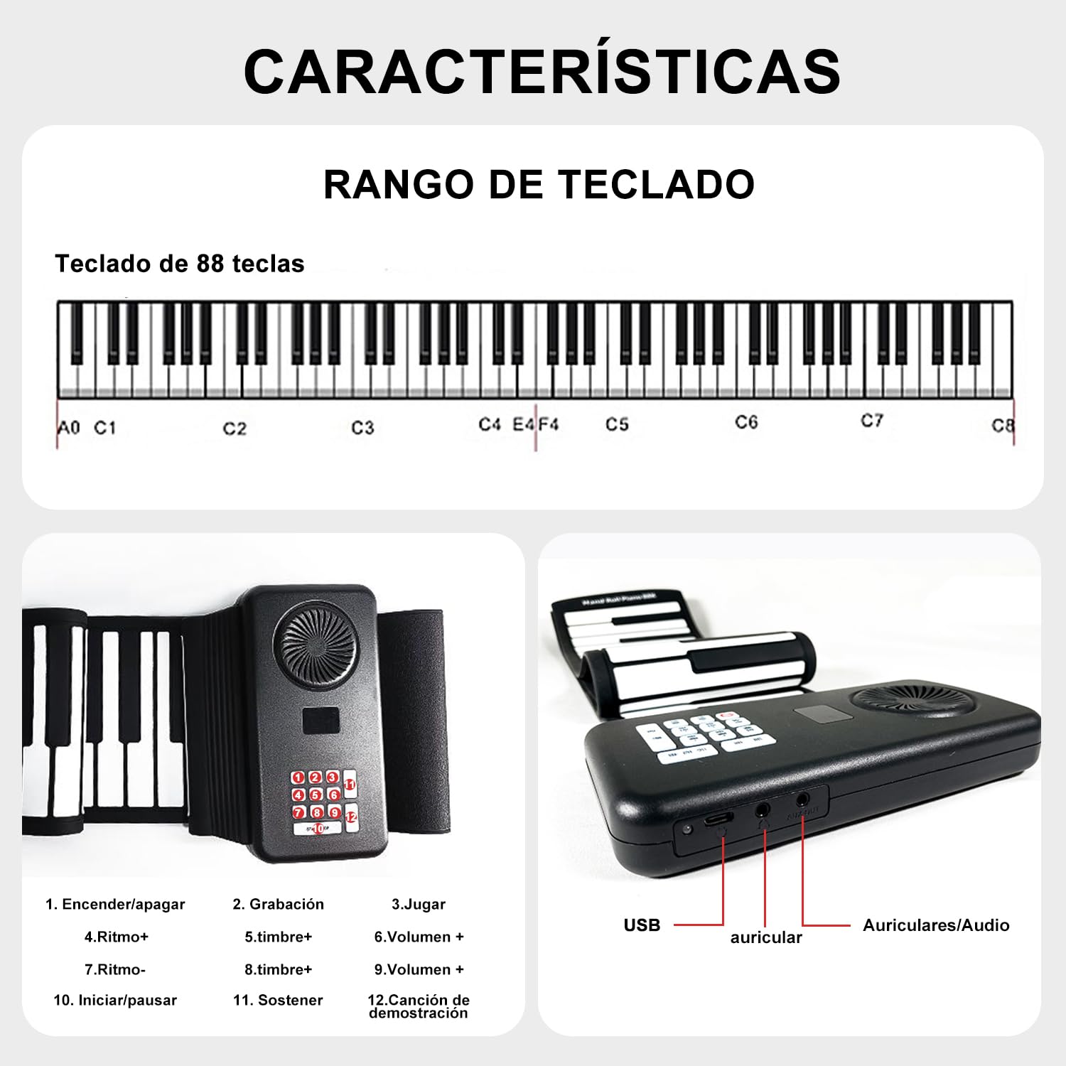 Teclado de Piano Enrollable de Silicona Plegable con 88 Teclas y Altavoz Incorporado para Niños y Adultos Principiantes