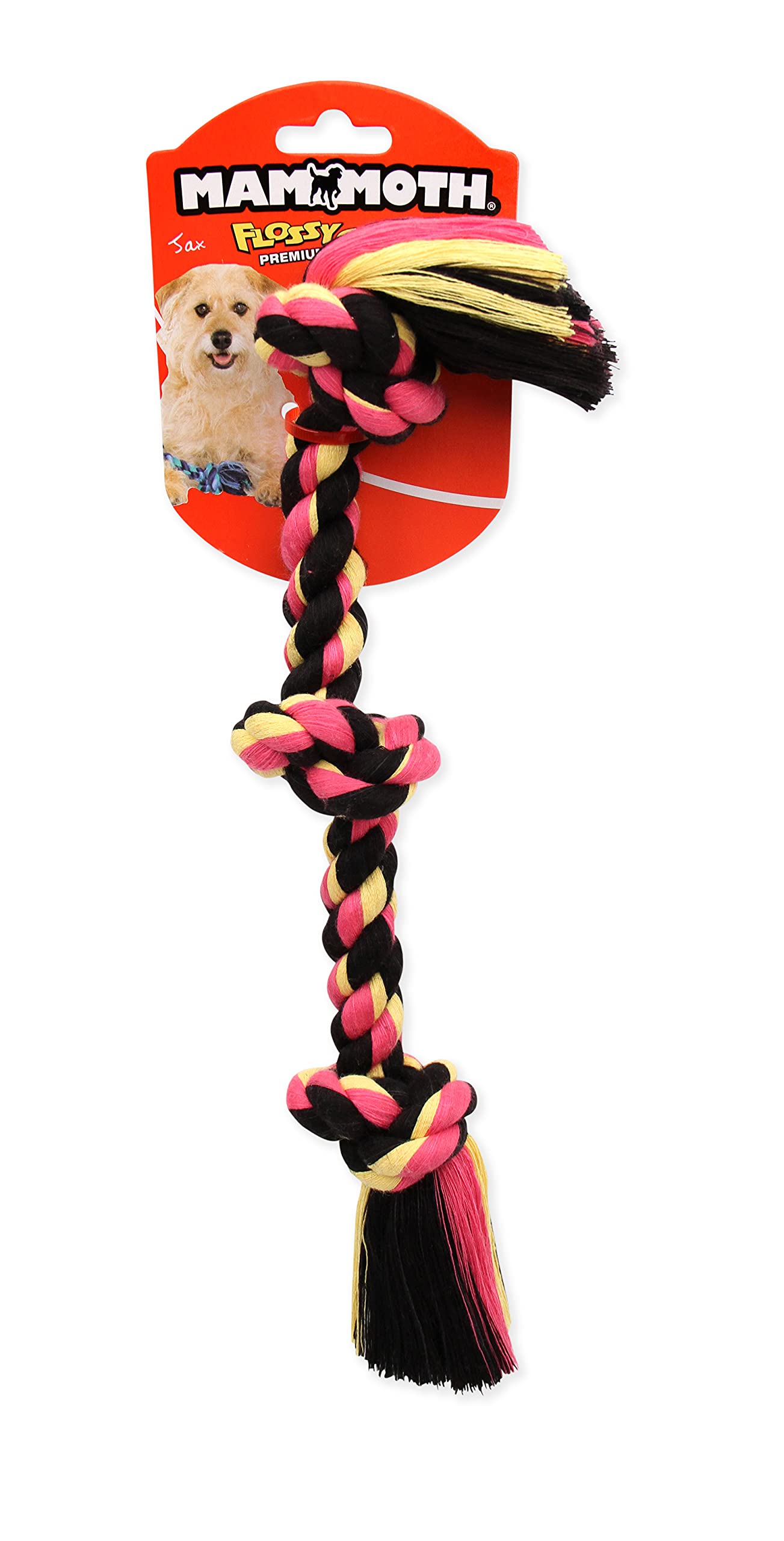 Mammoth Flossy Masticables Mezcla de algodón Color 3 Nudos Cuerda Tug, Colores Surtidos, Pequeño