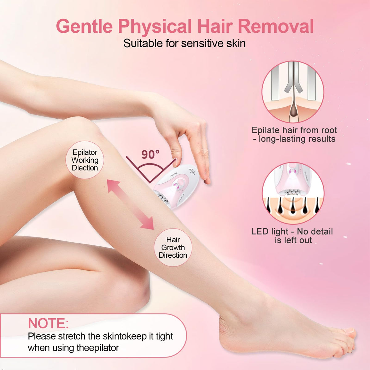 Smooth Glide Depiladora para mujer, depiladoras con luz LED, dispositivo de depilación facial de 2 velocidades, con una almohadilla de masaje vibrante y 36 pinzas para axila, brazo, pierna, bikini