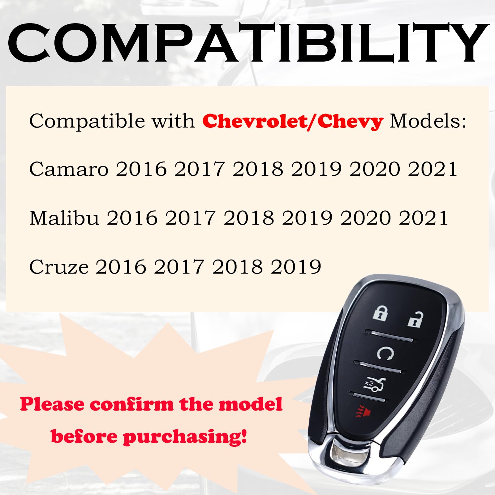 Llavero de repuesto para Chevy Cruze Malibu Camaro Push Start 5 botones 2016 2017 2018 2019 2020 2021 Smart Proximity Entrada sin llave de arranque remoto 13508769 13584497 13529662 433Mhz HYQ. 4EA EA