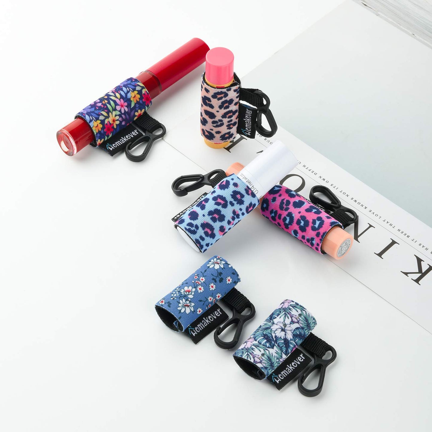 Paquete de 6 soportes compactos con clip, clip de liberación premium, manga de neopreno, bálsamo labial con clip, se adapta a la mayoría de bálsamo labial estándar, Leopardo + Flor, 1 Count (Pack of 6