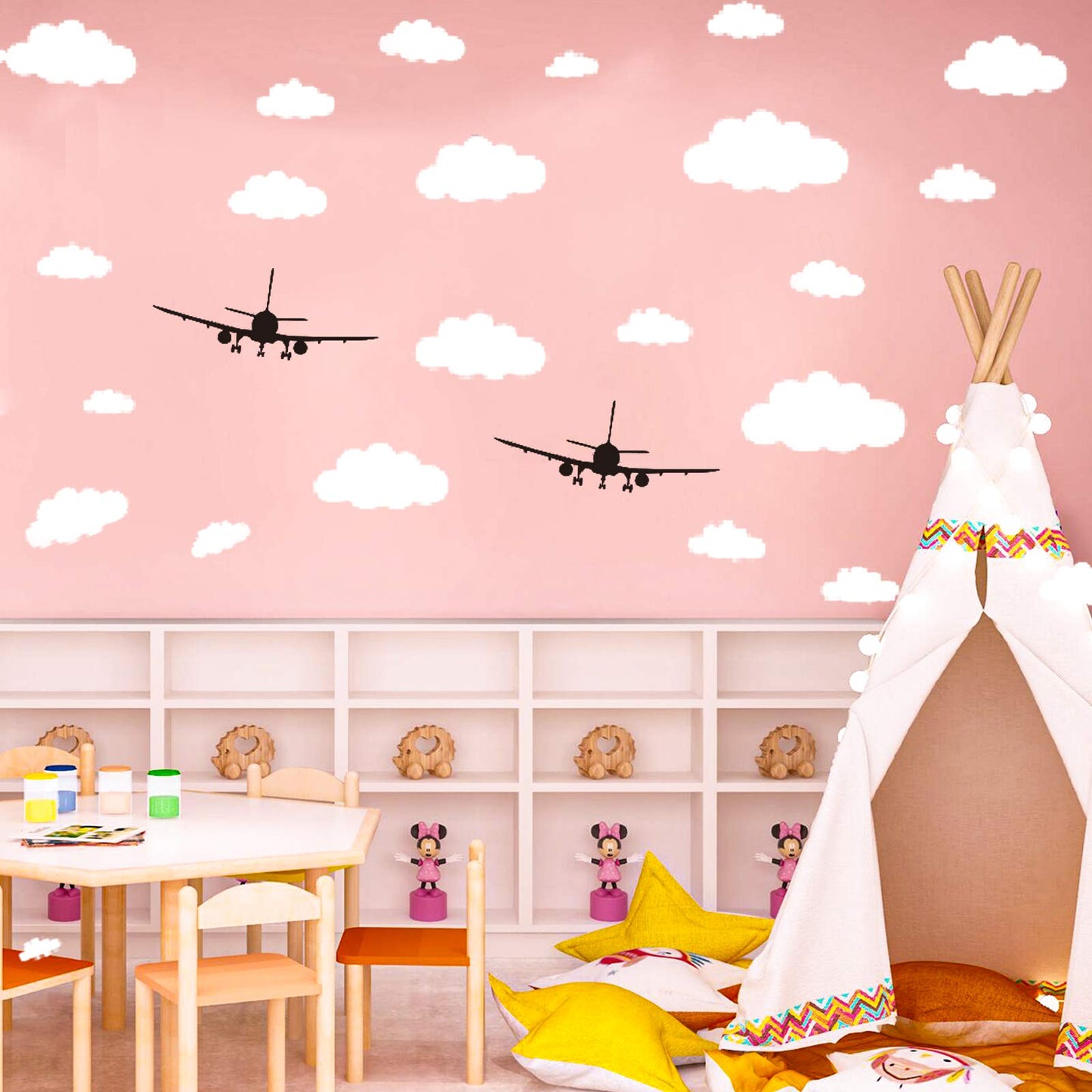 31 piezas de calcomanías de nubes para pared y 2 piezas de aviones negros decorativos para pared para habitación de bebé y niños, calcomanías de pared de nubes removibles de vinilo CUNYA para
