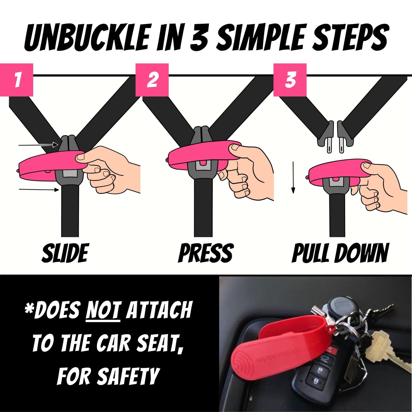 UnbuckleMe - Herramienta de liberación de hebilla de asiento de coche, ayuda fácil de abrir para artritis, uñas largas, niños mayores, empujador de botones para bebés, niños pequeños, asientos