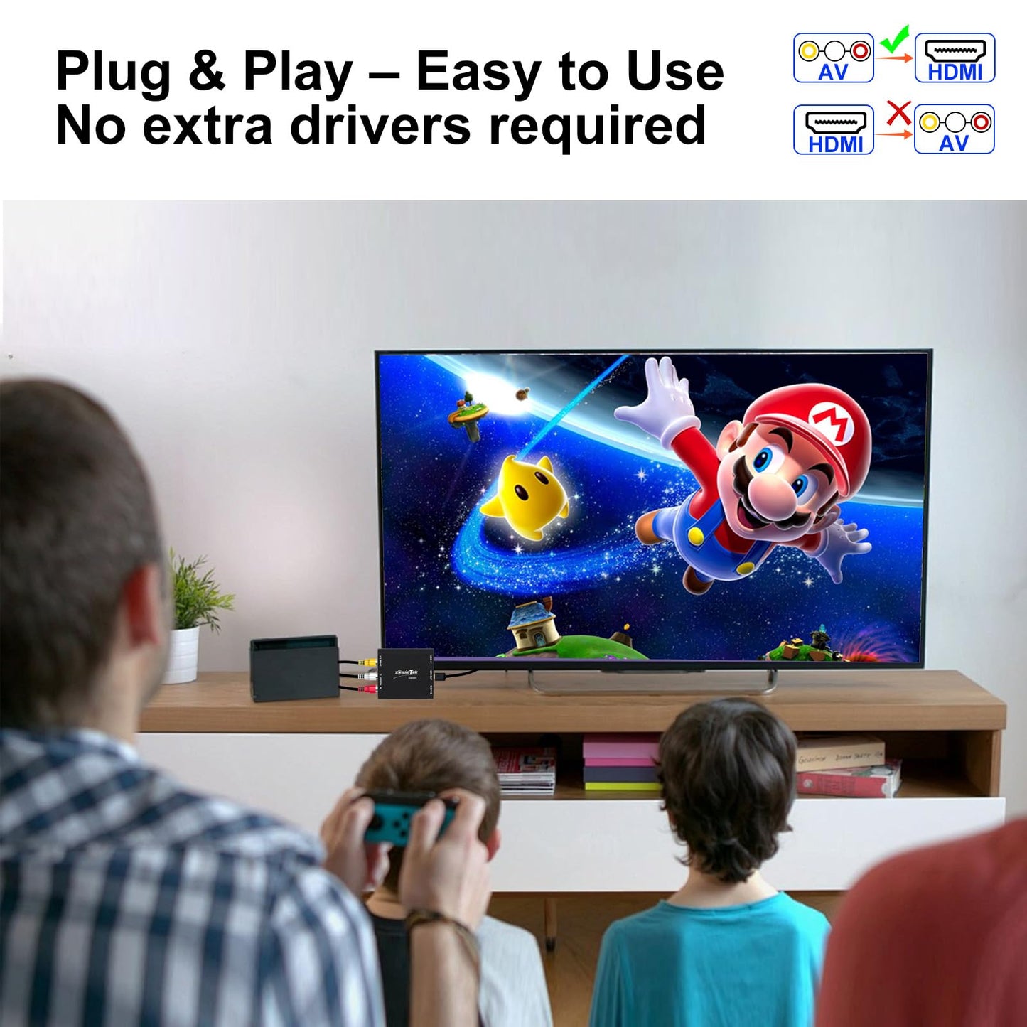 Convertidor AV/RCA/CVBS a HDMI, sin latencia para Juegos, Plug & Play, Aluminio Duradero, Switch 4:3/16:9, alimentación Tipo C, Compatible con Wii, N64, PS, SNES, DVD, VHS, VCR y PC.