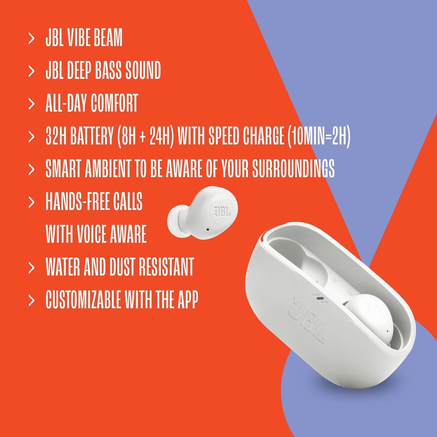 JBL Vibe Buds Audífonos Inalámbricos Bluetooth, Drivers 8mm, Reproducción 32 Horas, Resistentes al Agua y al Polvo IP54 - Negro