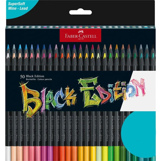 Faber-Castell Colores Supersoft Black Edition con 50 Diferentes Colores, cuenta con una mina supersuave y con una pigmentación fuerte resaltando tonos intensos sobre cualquier tipo de papel