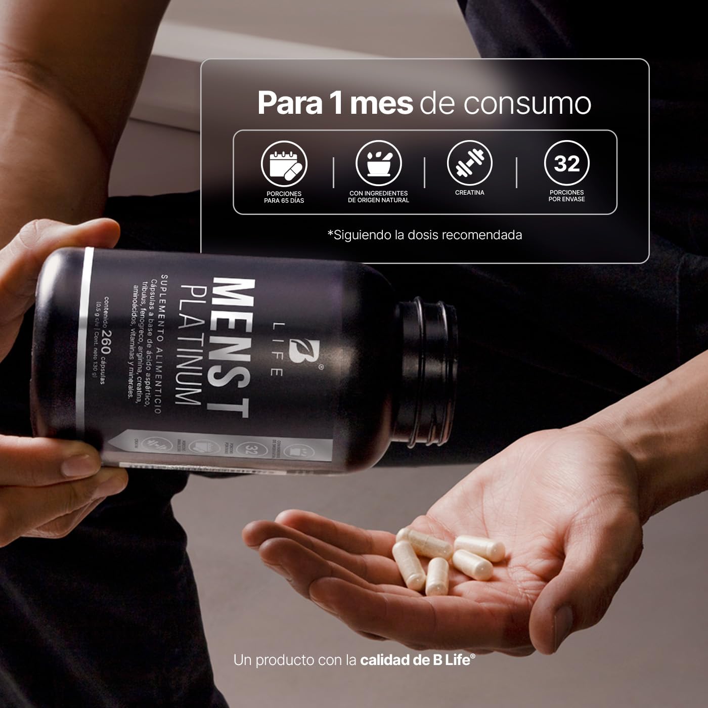 B Life | Fórmula Avanzada Platinum para Hombre | 260 Cápsulas 4000 mg por porción. Fenogreco, Creatina, Aminoácidos, Vitaminas y Minerales. Ingredientes naturales. Mens T Platinum.