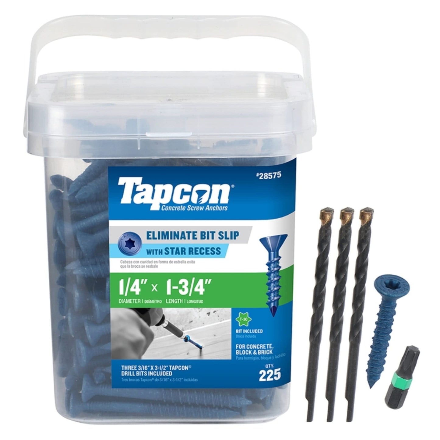 Tapcon 28575 1/4x1-3/4 Blue Star Drive - Anclajes de hormigón con cabeza de buey 225