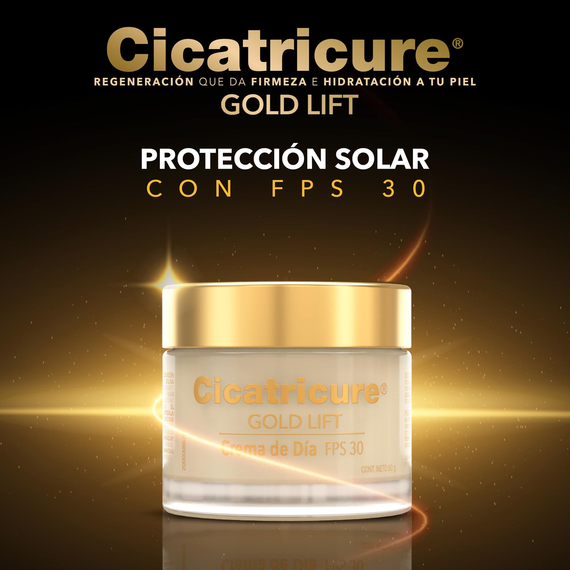 CICATRICURE - GOLD LIFT Crema de Día. Reduce arrugas gravitacionales, mejora la elasticidad y producción de colágeno, con calcio, silicio, FPS 30 y péptidos con oro, tarro con 50g