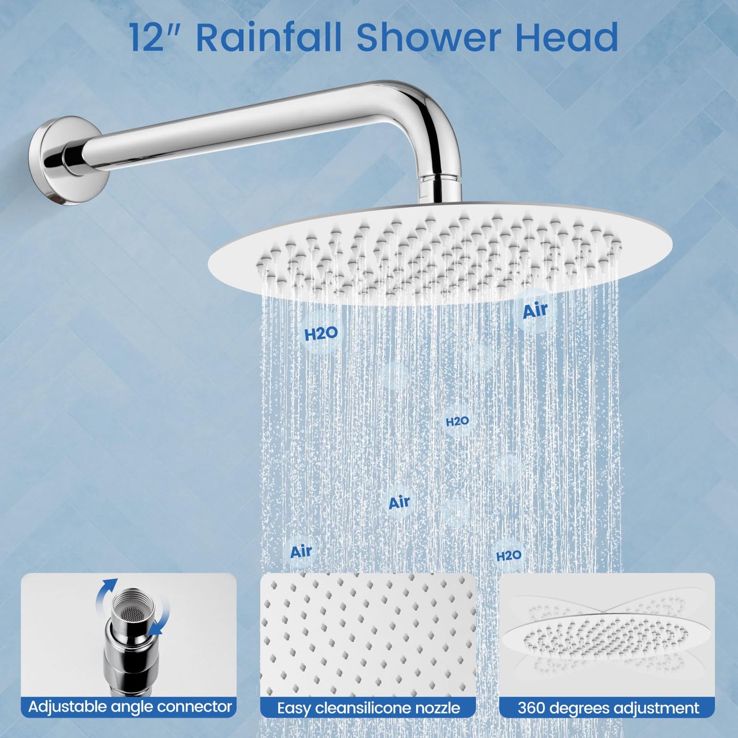 Juego de Llave de Ducha Airuida Cromo Pulido 12 Pulgadas 3 Funciones con Válvula Rugosa