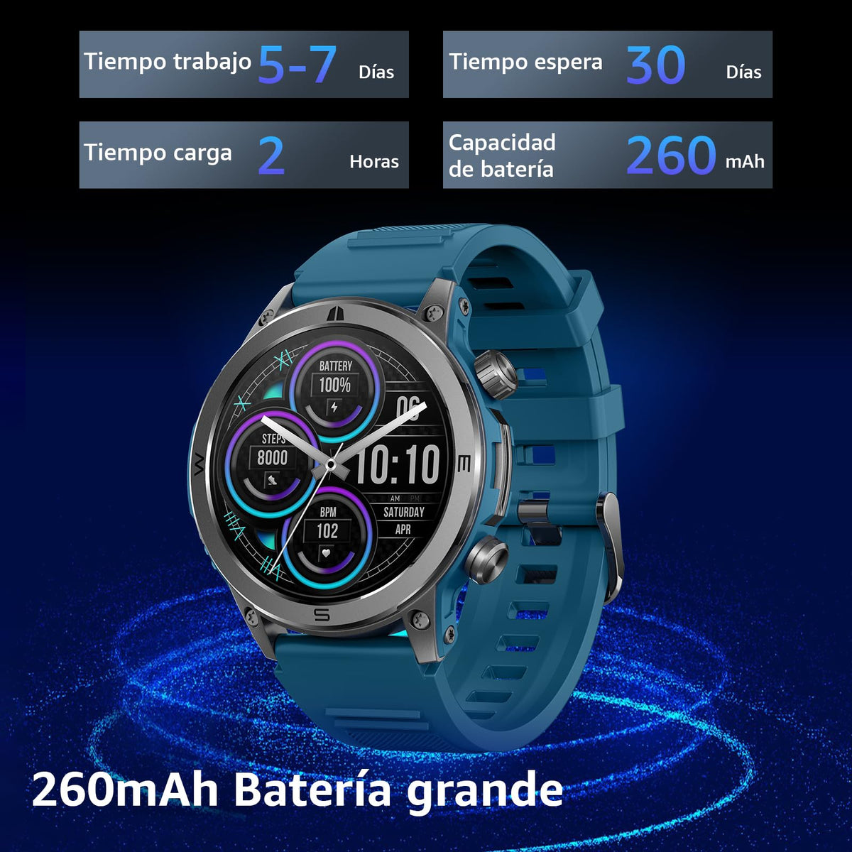 Smartwatch FreshFun AMOLED 1.43 Pulgadas Bluetooth Hombre Azul Impermeable IP67 Monitor Cardíaco y Sueño 100+ Modos Deportivos