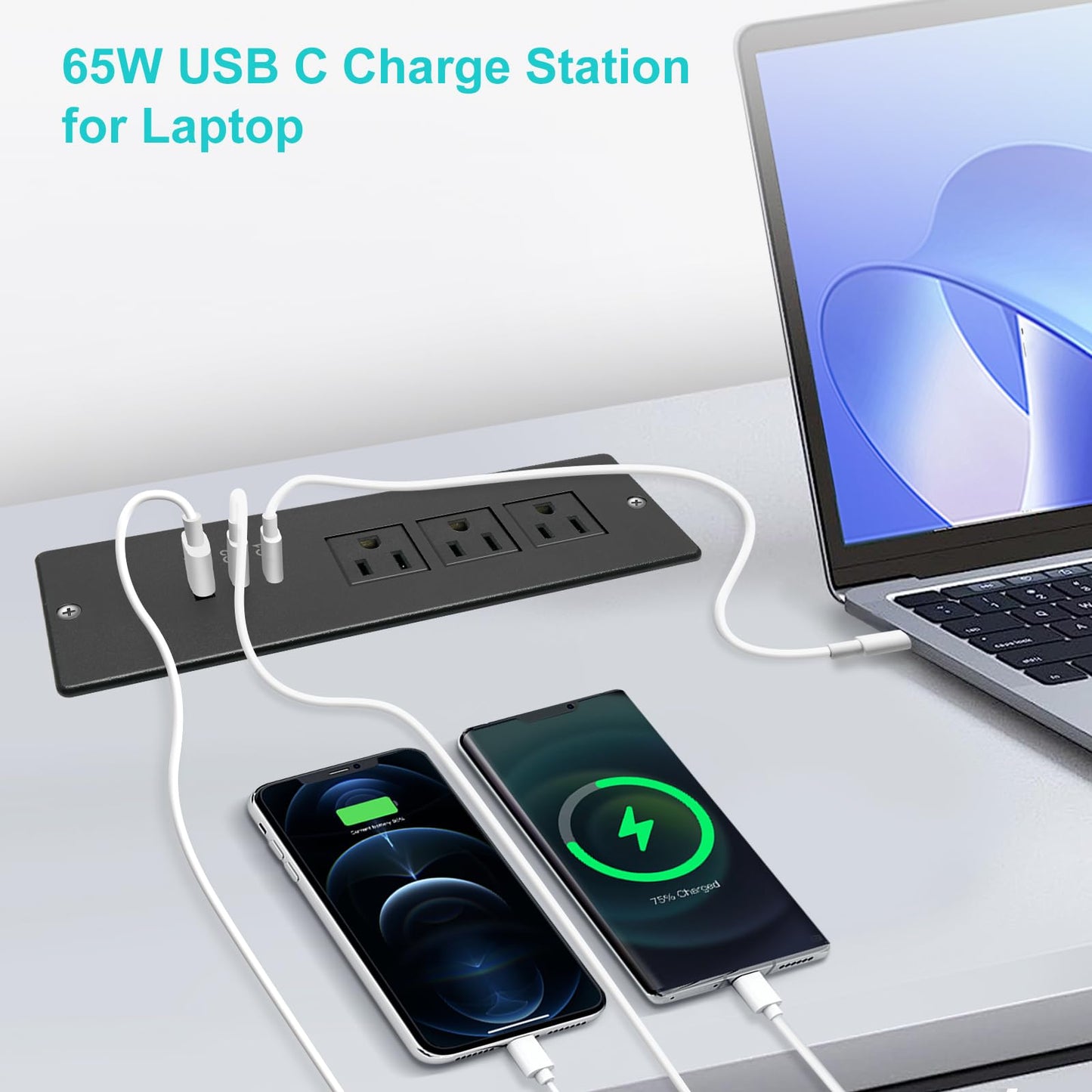 4 LEAF Regleta de Enchufes Empotrada USB C 65W,Enchufe de Escritorio Empotrable 3 Tomas 3 USB (PD 65W& QC60W,) Cable de Alimentación de 2 Metros Enchufe Plano de Carga Rápida Empotrable para Muebles