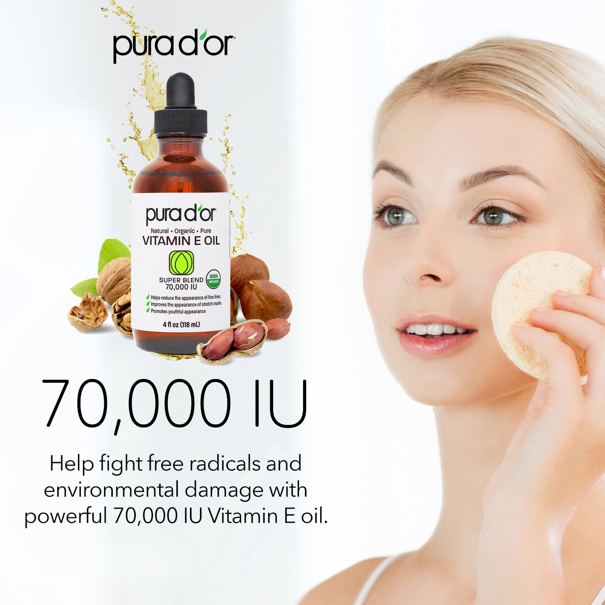 PURA D'OR Organic Vitamin E Oil (4oz / 118mL) 70,000 IU 100% Pure Natural USDA Organic For Skin Face Hexane Free w/Sweet Almond, Apricot, Jojoba, Argan, Rosehip, Sunflower & Avocado Oil For Bath Body