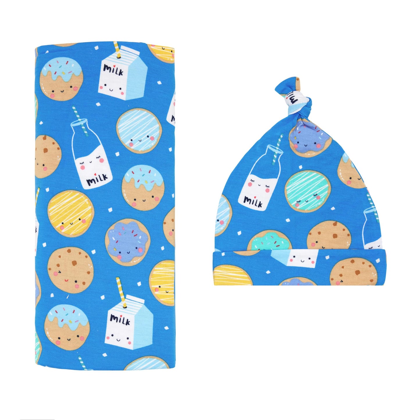 Little Sleepies - Juego de manta para envolver y sombrero, para bebés recién nacidos, viscosa suave de bambú (galletas azules y leche)